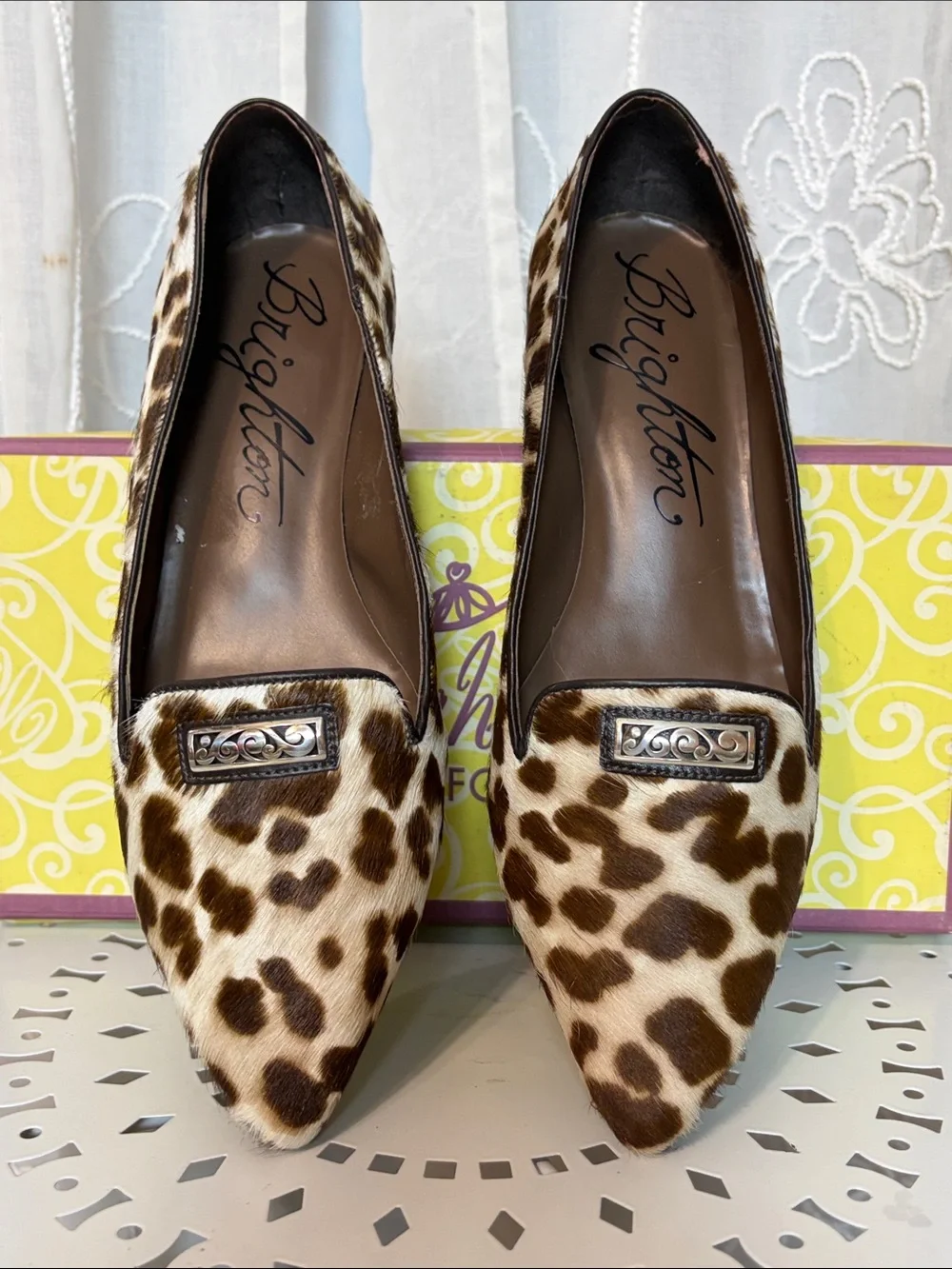 Brighton “Eve” Brown and Cream Leopard-Print Pointed Loafers 8W